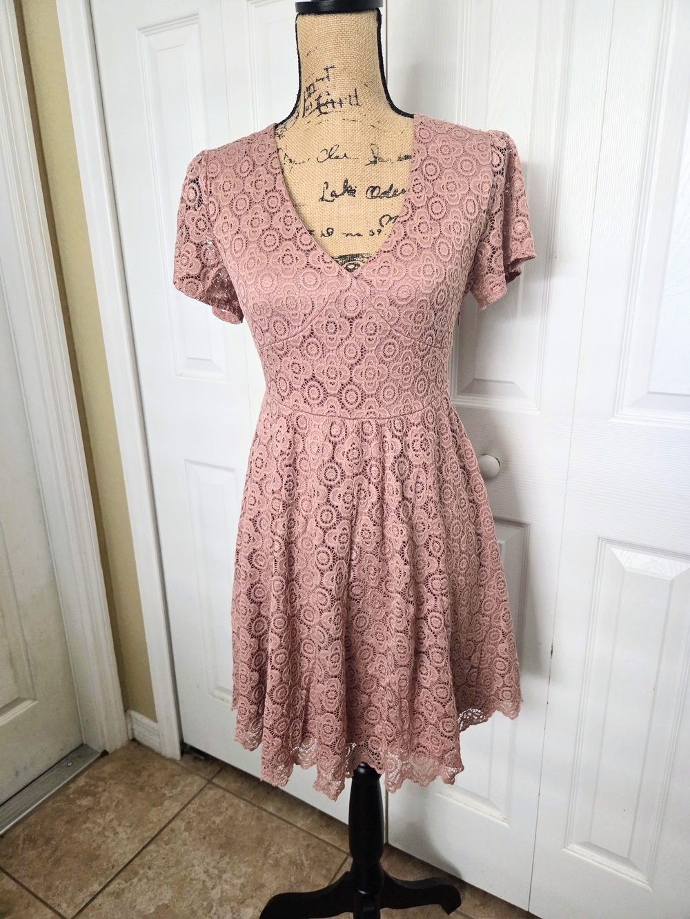 Altar'd State Women’s Pink Lace Fit-and-Flare Dress